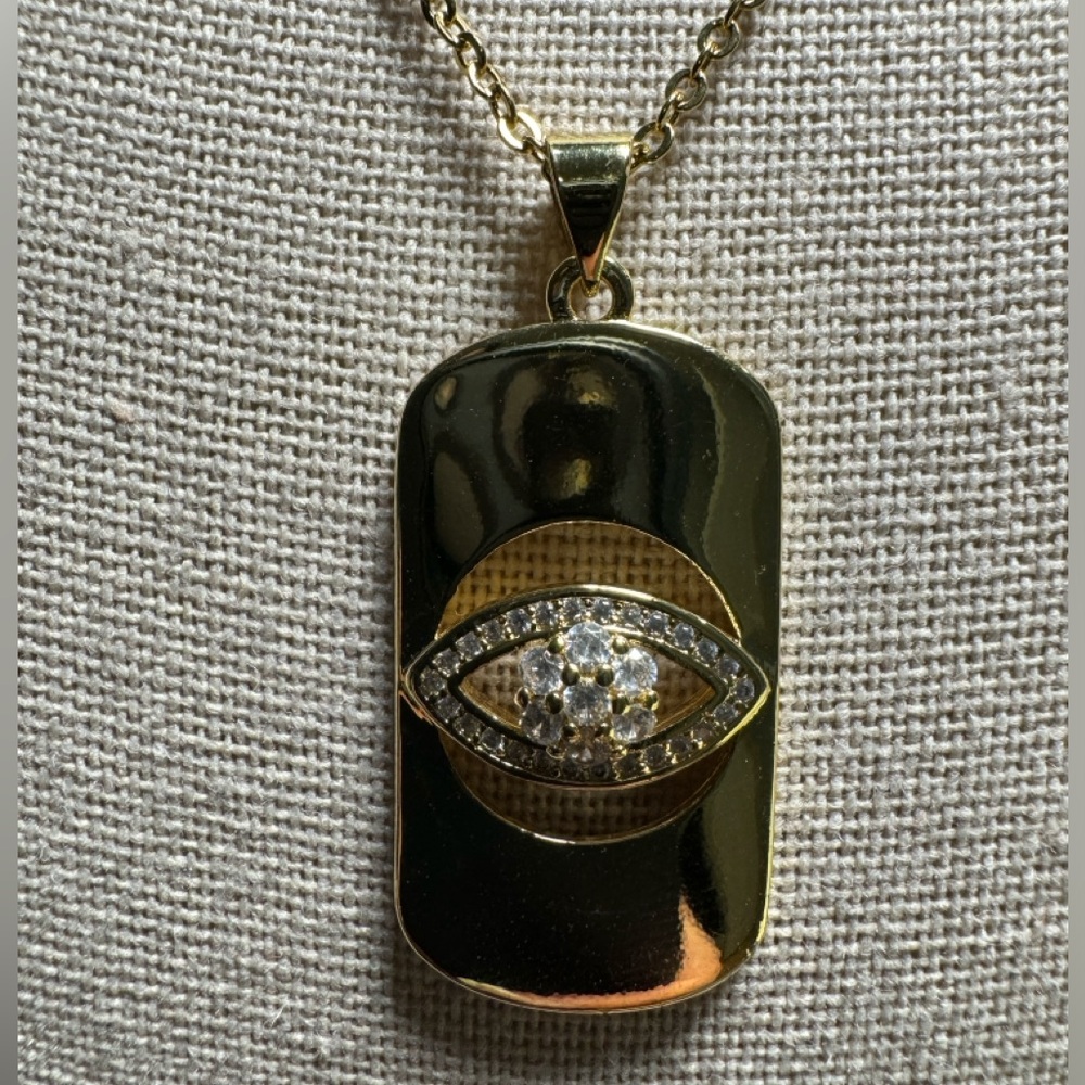 NWT Clear Crystal Evil Eye Gold Bar Pendant Necklace - Picture 2 of 3
